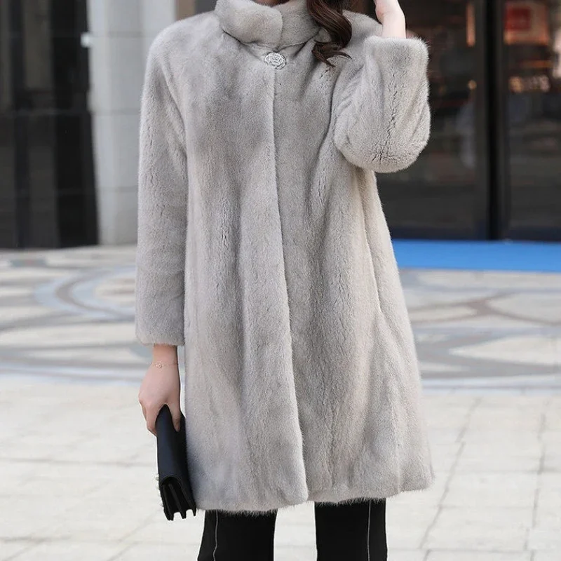 Women's Whole Mink Imitation Fur Coat  New Mink Velvet Medium and Long Stand-up Collar Fur Coat