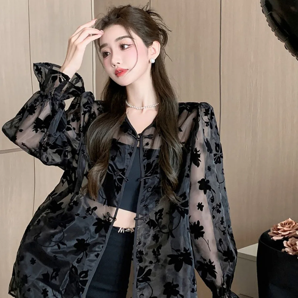 2024 Spring French Elegant Shirts Design Sense Flocking Bubble Sleeves Chinese Style Sun Protection Top Women's Fashion Blouses