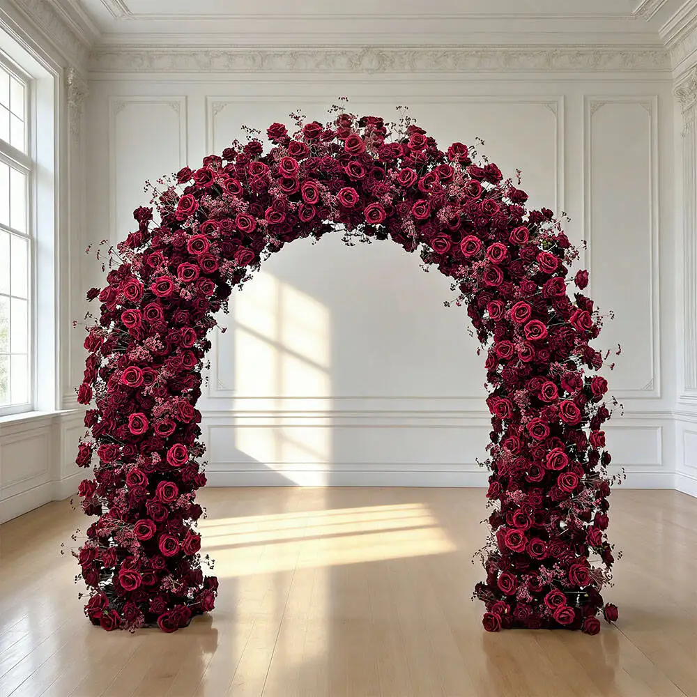 

Luxury Deep Red Wedding Arch High-Density Artificial Rose Flower Wall Backdrop For Bespoke Ceremony Decoration