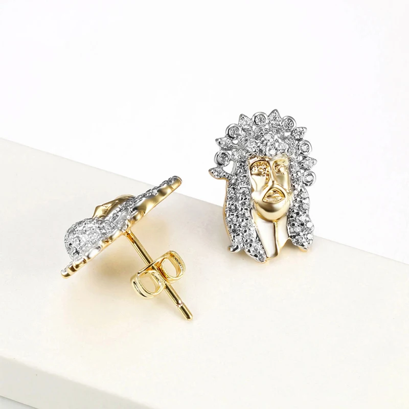 VANAXIN High Quality Jesus Face Stud Earrings for Women Men Bass 14k Gold Color AAA+ Cubic Zircons Stone Party Christianity Gift