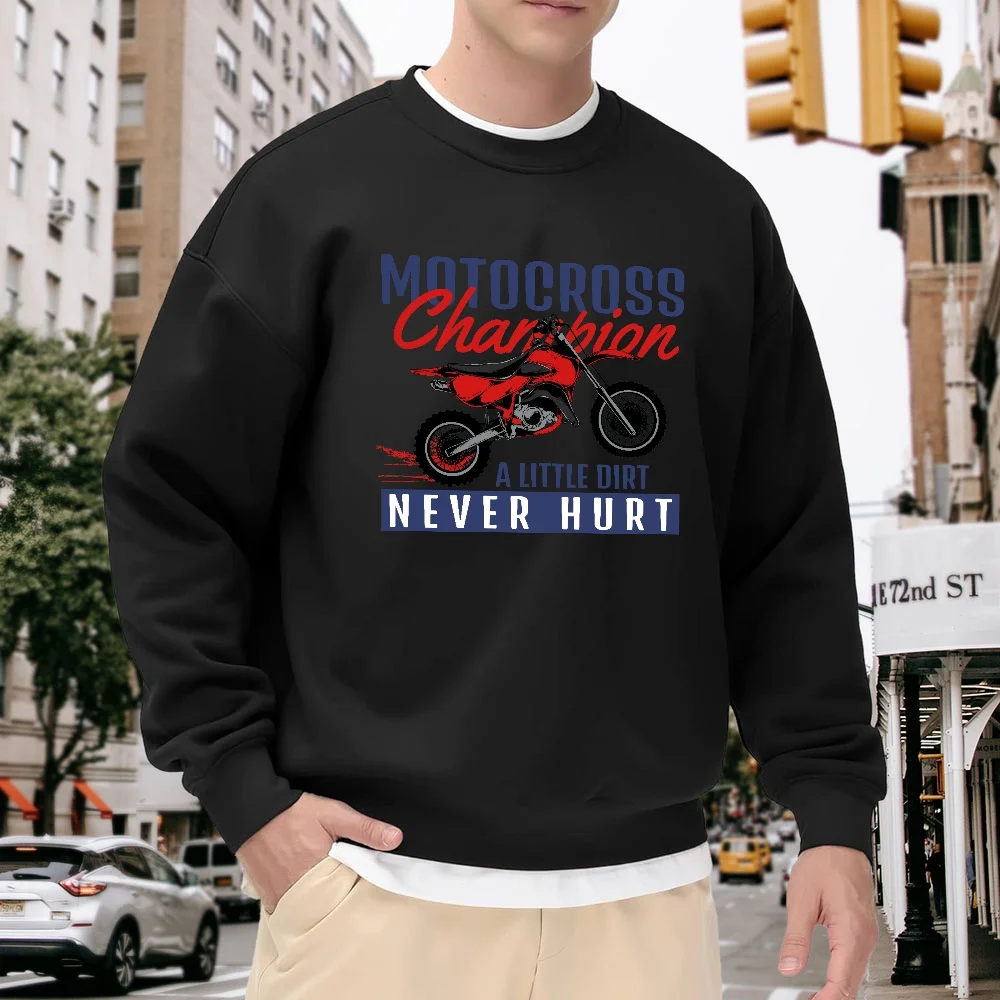 

Men's Black Crew Neck Loose Sweatshirt with Motorcycle Print Letter Pattern, Street Fashion Casual Top, Versatile for Daily Outings and Sports, Soft, Comfortable, and Breathable