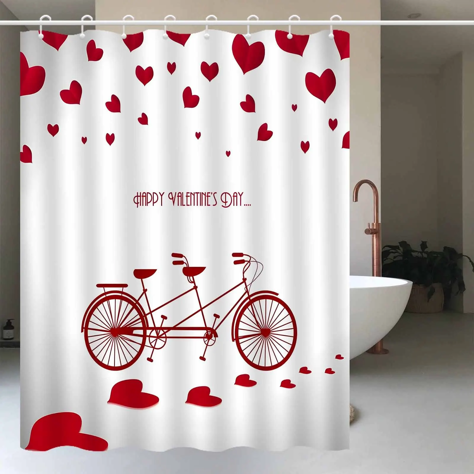valentines day shower curtain romantic bicycle heart design with hooks anti fog polyester machine washable art bathroomdecorgift