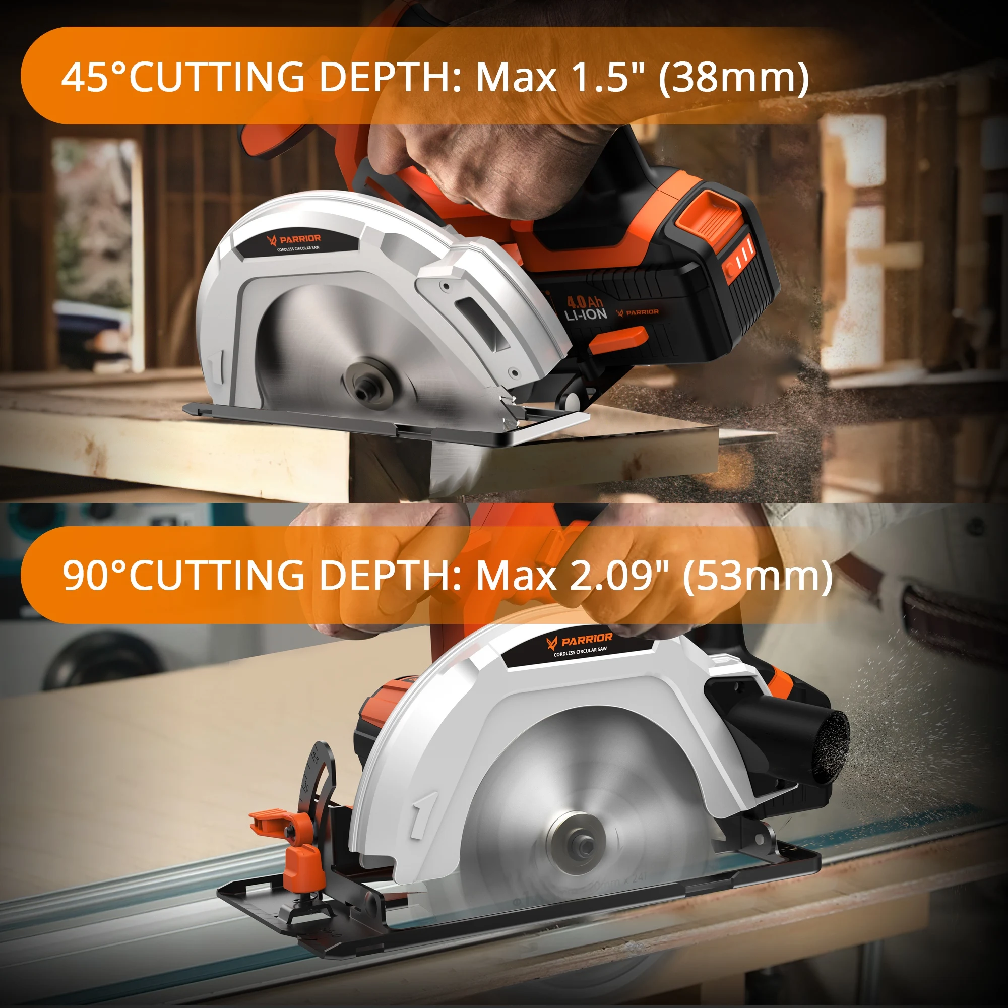 20V Cordless Circular Saw 6-1/2 Inch Blade 3500 RPM Handheld Compact Saw With 4.0Ah Battery & Fast Charger, Adjustable Cutting Depth 0-45°/90° Dust Extraction Design For Woodworking Construction DIY Cutting