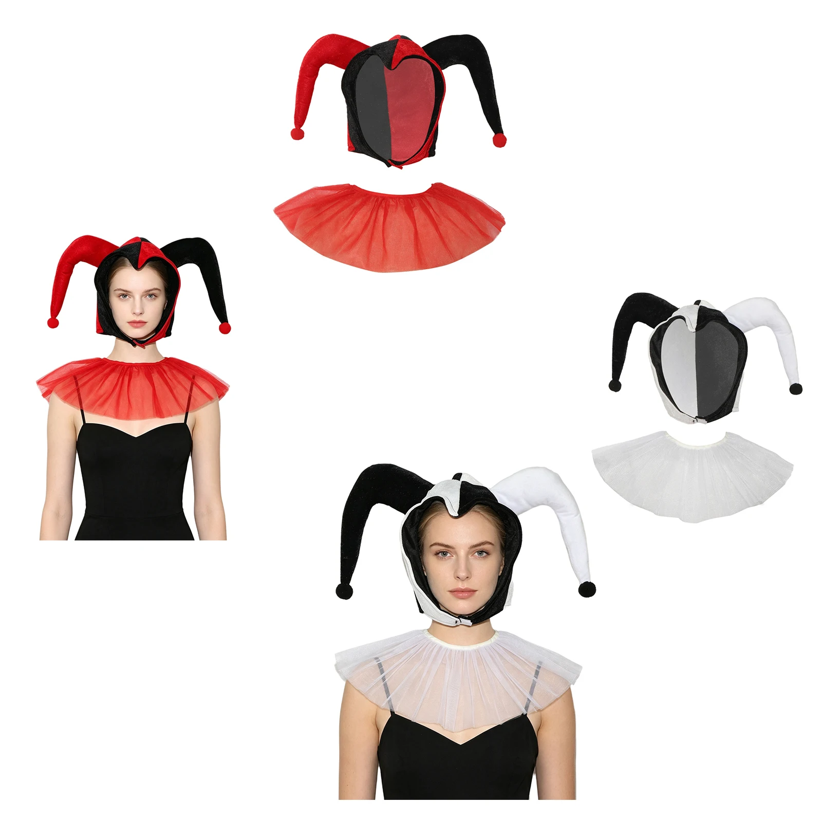 Adults Gothic Contrast Color Horned Hat Cap with Layered Mesh Tulle Faux Collar Costume Accessories for Halloween Cosplay