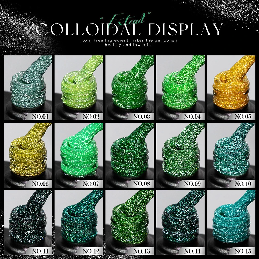 Vendeeni TPO HEMA FREE 15 Farben Grüner Glitzer Broken Diamond Gel Nagellack Set Flash UV LED Soak Off Gel Lack mit Display – Detail 3