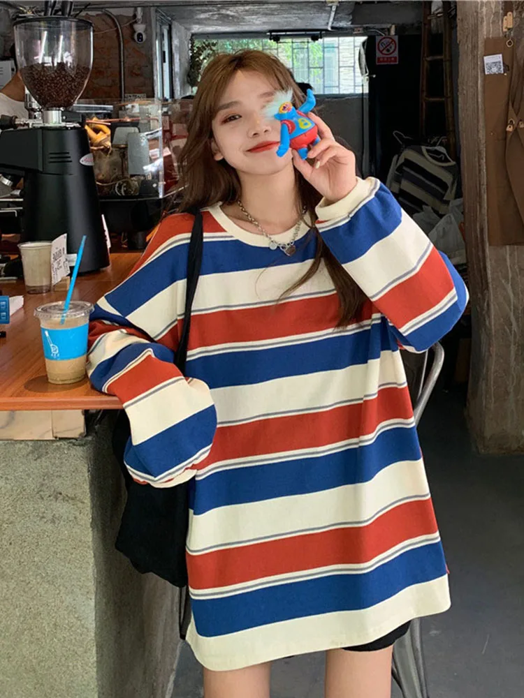 2022 New Popular Long Sleeve T-Shirt Fashion Loose Casual O-Neck Striped Tops Spring Autumn Thin Oversize Ladies Tops Tee