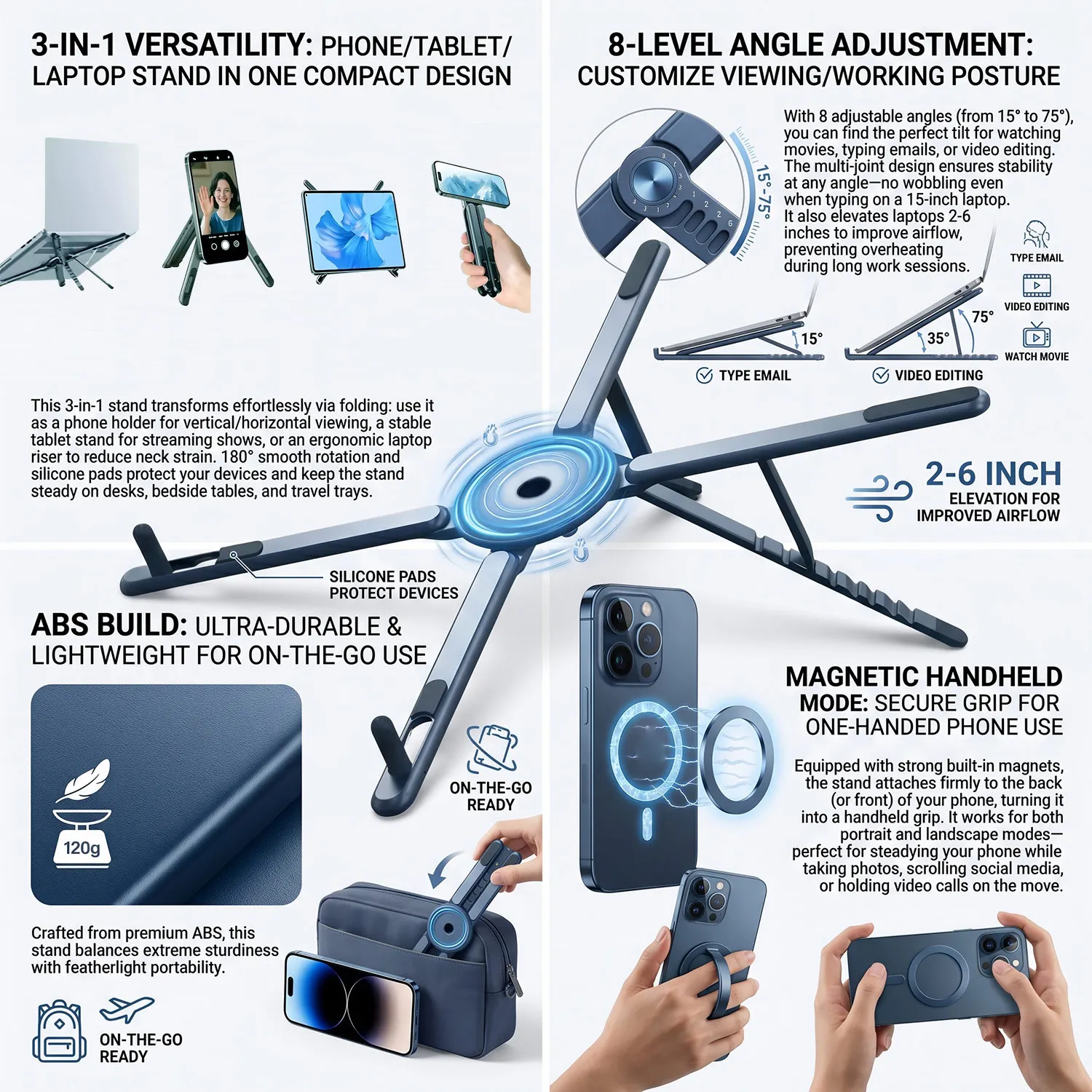 ABS 3 in 1 Portable Magnetic Phone Holder Selfie Multi-functional Stick Foldable Tripod Stand for iPhone iPad Tablet Laptop Desk