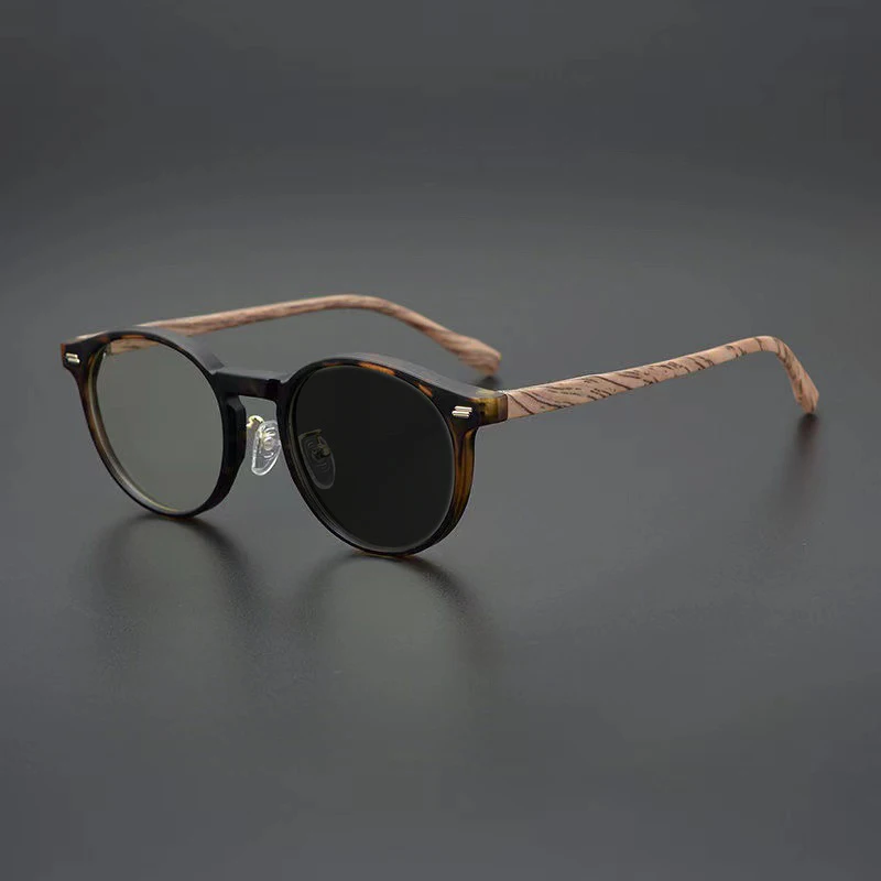 Vintage Circular Style Wood Grain Leg Frame Men Women Optical Prescription Customized Anti Blue Ray Photochromic Flat Glasses