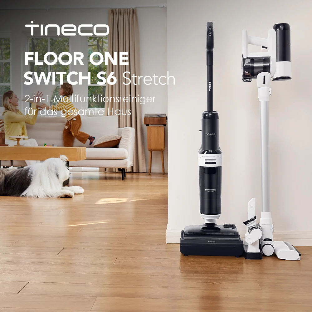 Tineco Floor ONE Switch S6 Stretch Nass Trockensauger, 180° Lay-Flat, Anti-Tangle, 85℃ Schnelltrocknend, 40min Nasssauger, 50min Staubsauger, 21kpa Doppelkante Reinigung des Ganze Haus & unter Möbeln