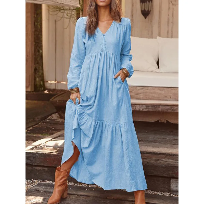 Polychrome Autumn and Winter 2023 Women's Clothing V-Neck Button Cotton Linen Retro Casual Long Sleeves Large Swing Long Dresses