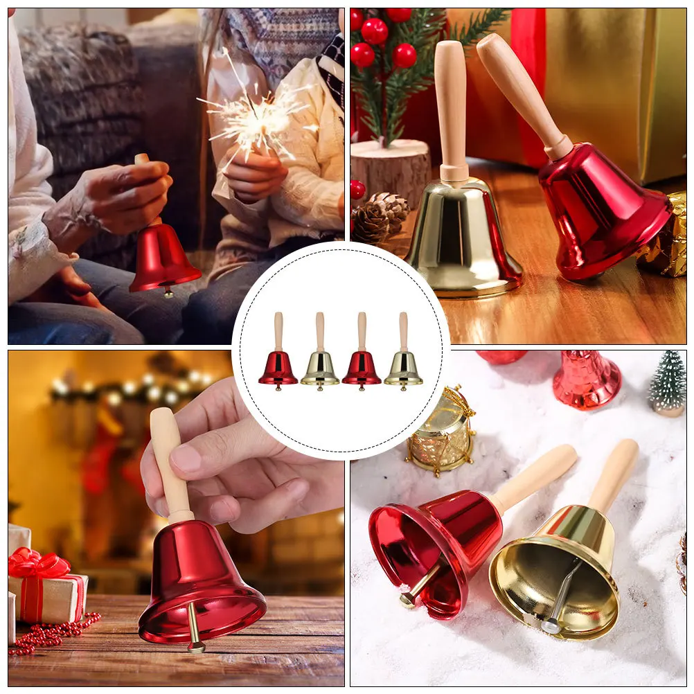 4 قطعة أجراس اليد مقبض خشبي أجراس معدنية عيد الميلاد الديكور حفلة عيد الميلاد الدعائم خدمة جرس الاستقبال الدعائم الطرف #4