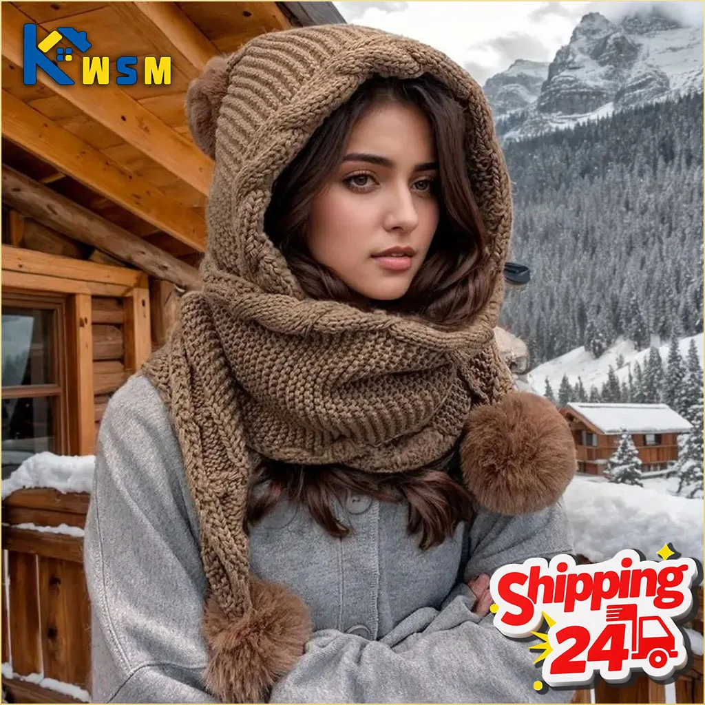 

Women‘s Winter Hat and Scarf Set Korean Style Beanie with Attached Ear Flaps Thick Thermal Knit Pom Pom for Extreme Cold Weather