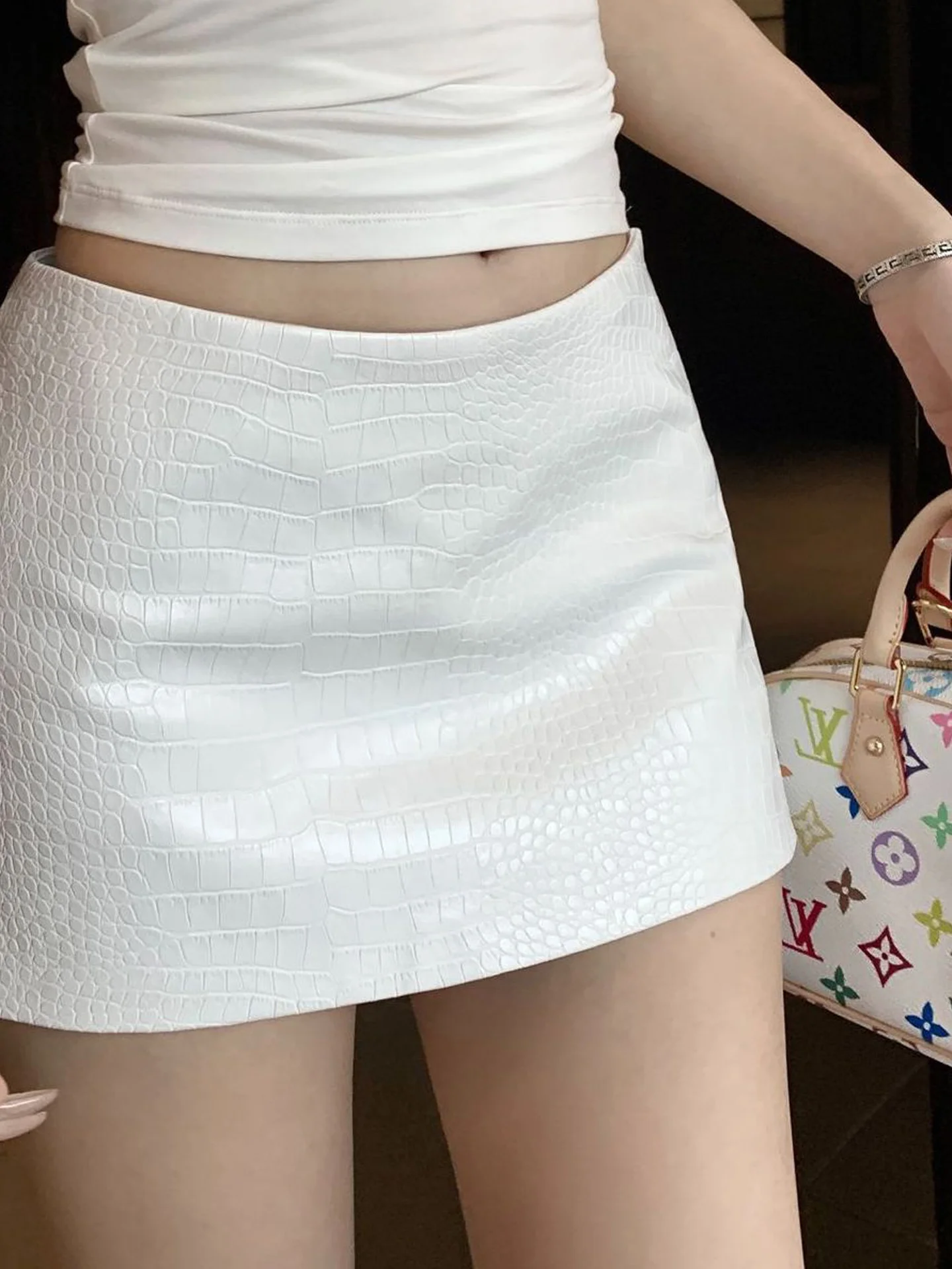 

Sexy ort Skirt PU Leather Crocodile Pattern Slimming Versatile Women's Faion Spring New Sle Ci Commute Casual Date