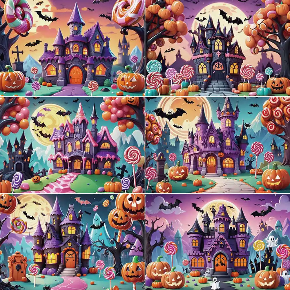 

MOON.QG Halloween Photography Background Pumpkin Castle Candyland Photozone Backdrop Child Photo Studio Photocall Props
