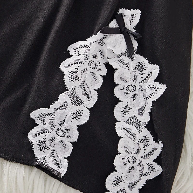 Sexy Women's Lingerie Set Deep V Pajama Bow Slim Fitting Suspender Lace Split Skirt Nightgown Dress view 4