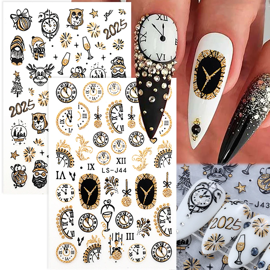 2025 New Year Clock Nails Sticker Gold Shiny Glitter Black Luxurious Timepiece Countdown Firework Christmas Festive Decal LS-J44