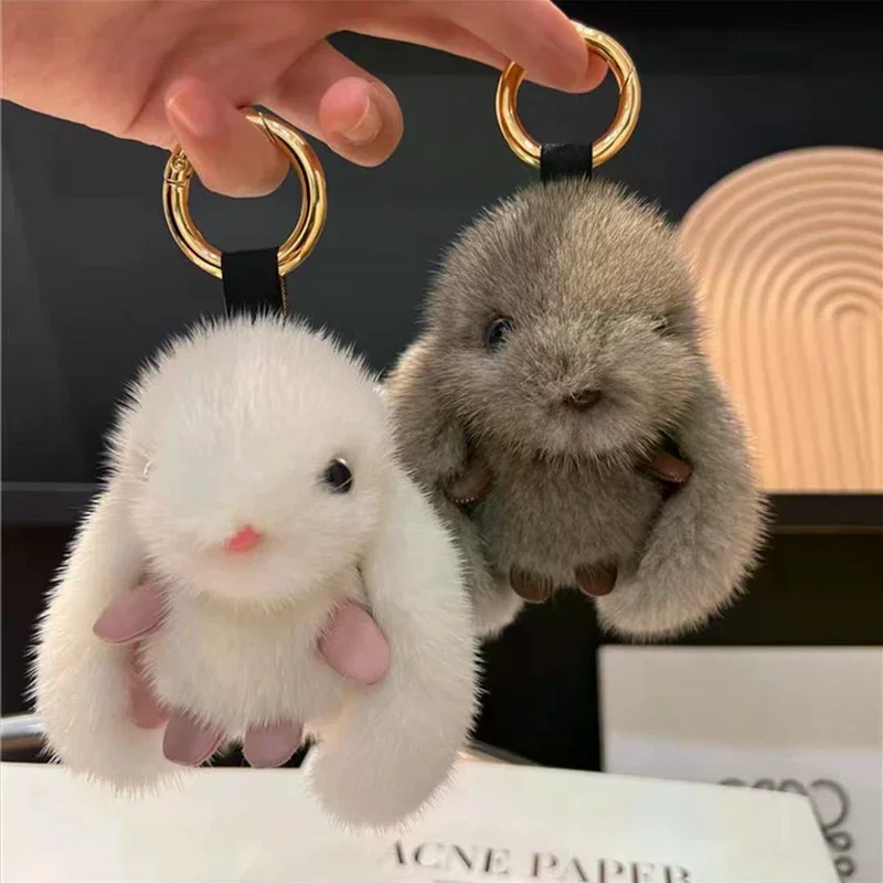 Cute Fluffy Rabbit Keychain Ring Plush Pompon Bunny Bag Pendant for Couple Car Key Ring Jewelry Gifts
