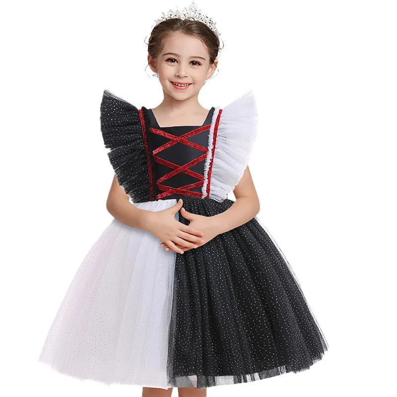 Evil Cruella تأثيري زي للفتيات ، أسود وأبيض ، فستان توتو ، أغطية رأس للأطفال ، حفلة تنكرية ، عيد الهالوين ، حفلة كرنفال ، فيلم ألعاب ساخنة ، 2-10T