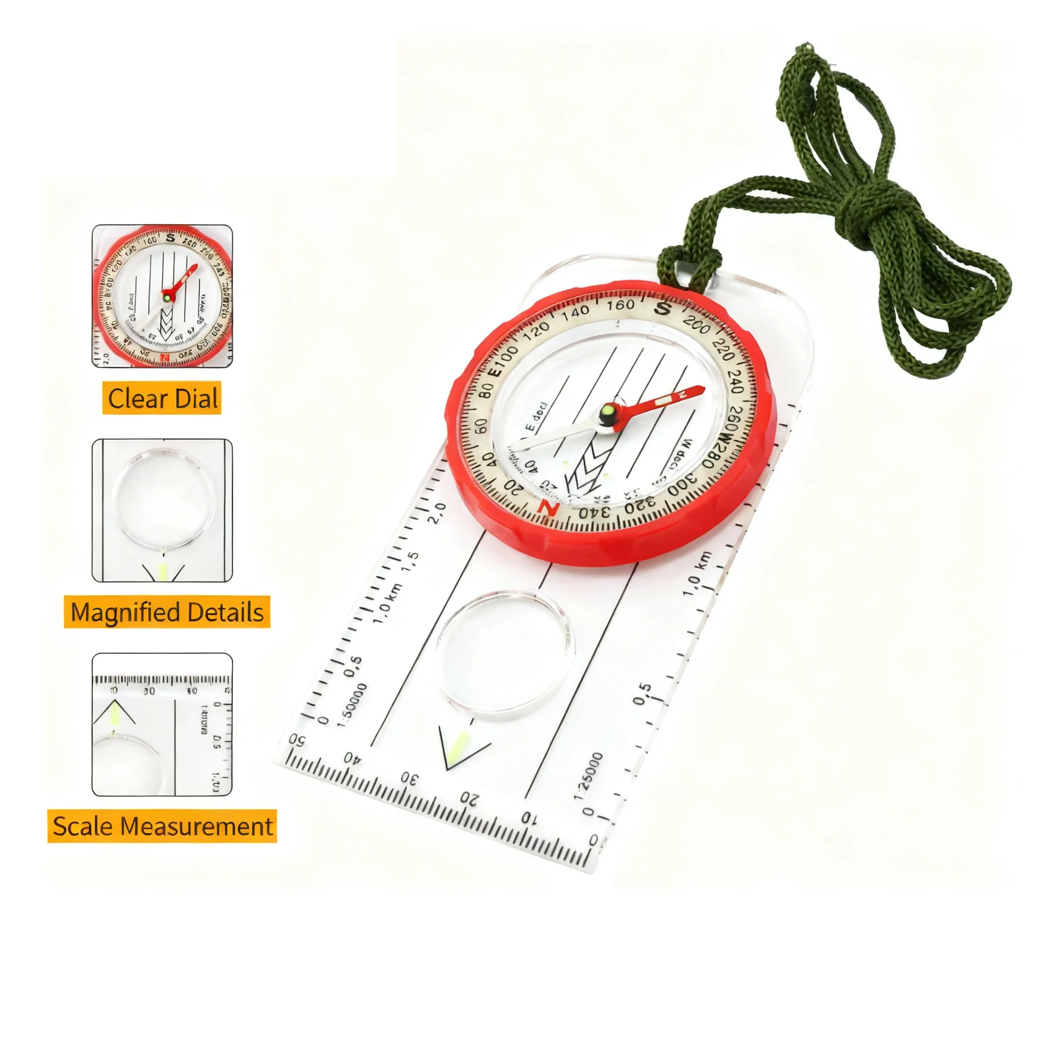 بوصلة شفافة متوهجة في الظلام لبوصلة توجيه مع مقياس متدرج حلقة مطاطية ناعمة المكبر خريطة حاكم البوصلة