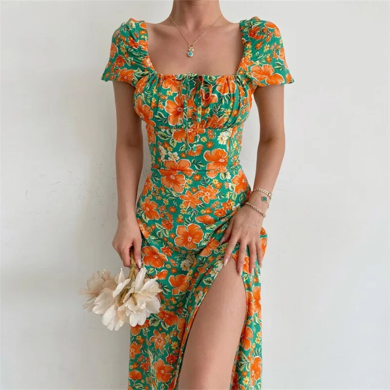 

Elegant Short Puff Sleeve Floral Printed Prairie Chic Slit Summer Women Sundress Casual Beach Long Maxi Bohemian Dresses Femme