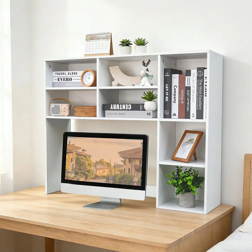 

Wooden Desktop Bookshelf Large Capacity Storage Cabinet With 7 Compartments And 3 Adjustable Shelves For Computer Desk Dorm Off