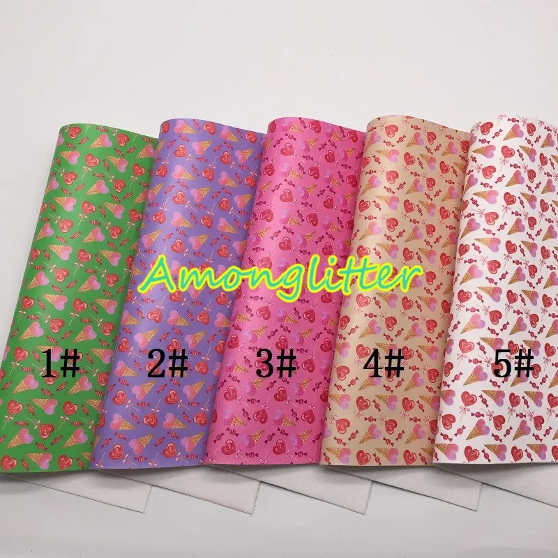 Amonglitter Wholesales Leather Supplier Icecream Lollipop Synthetic Leather Faux Vinyl Printed Sheets Bows DIY 21x29cm MB127