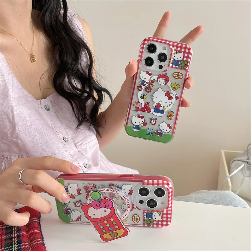 Śliczne różowe etui z kratką Hello Kitty Magsafe do ładowania bezprzewodowego dla iPhone\'a 13 14 15 Pro Max 16 Pro Max Urocza mobilna podstawka