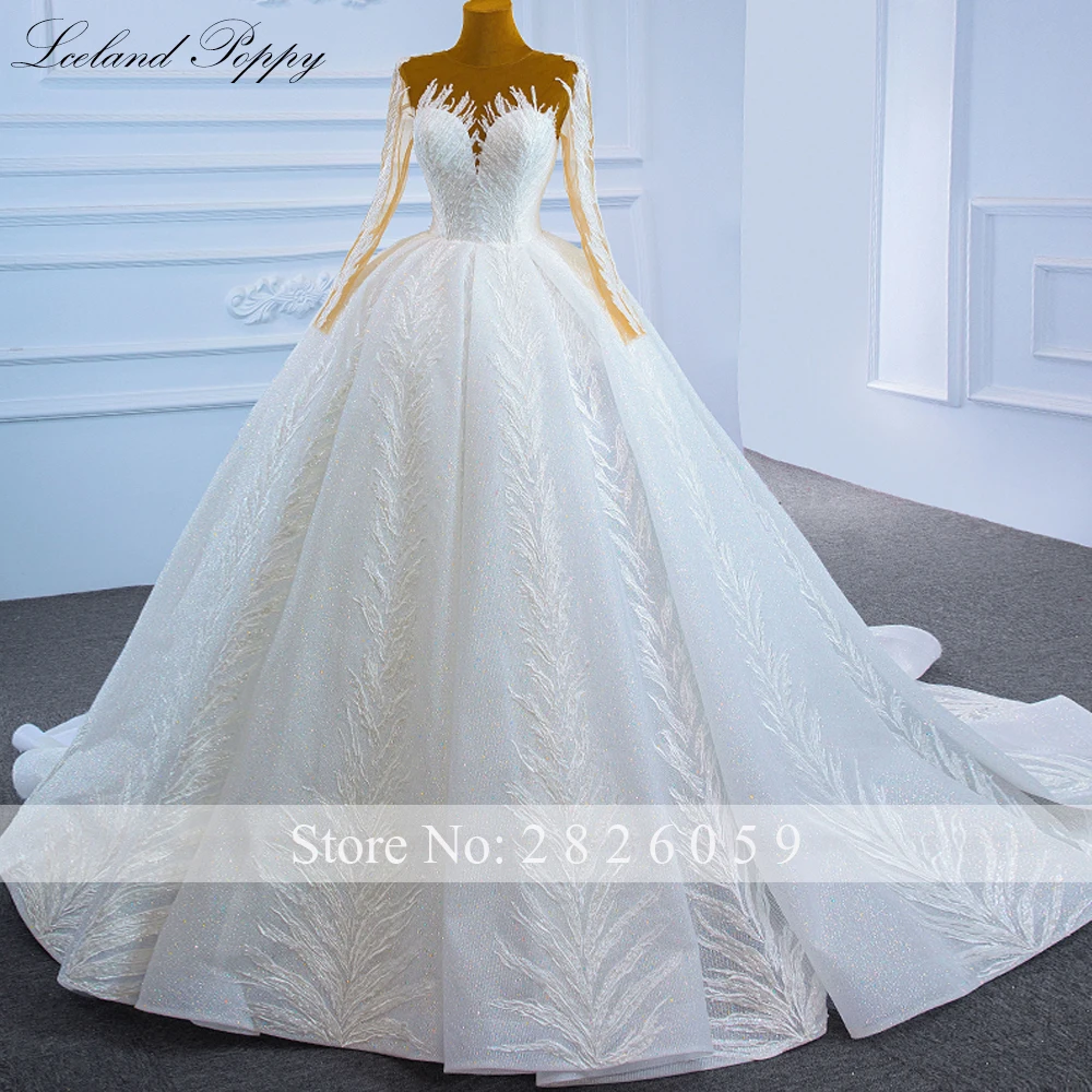 Lceland Poppy Customized Ball Gown Lace Wedding Dresses Floor Length Long Sleeves Beaded Bridal Gowns with Court Train