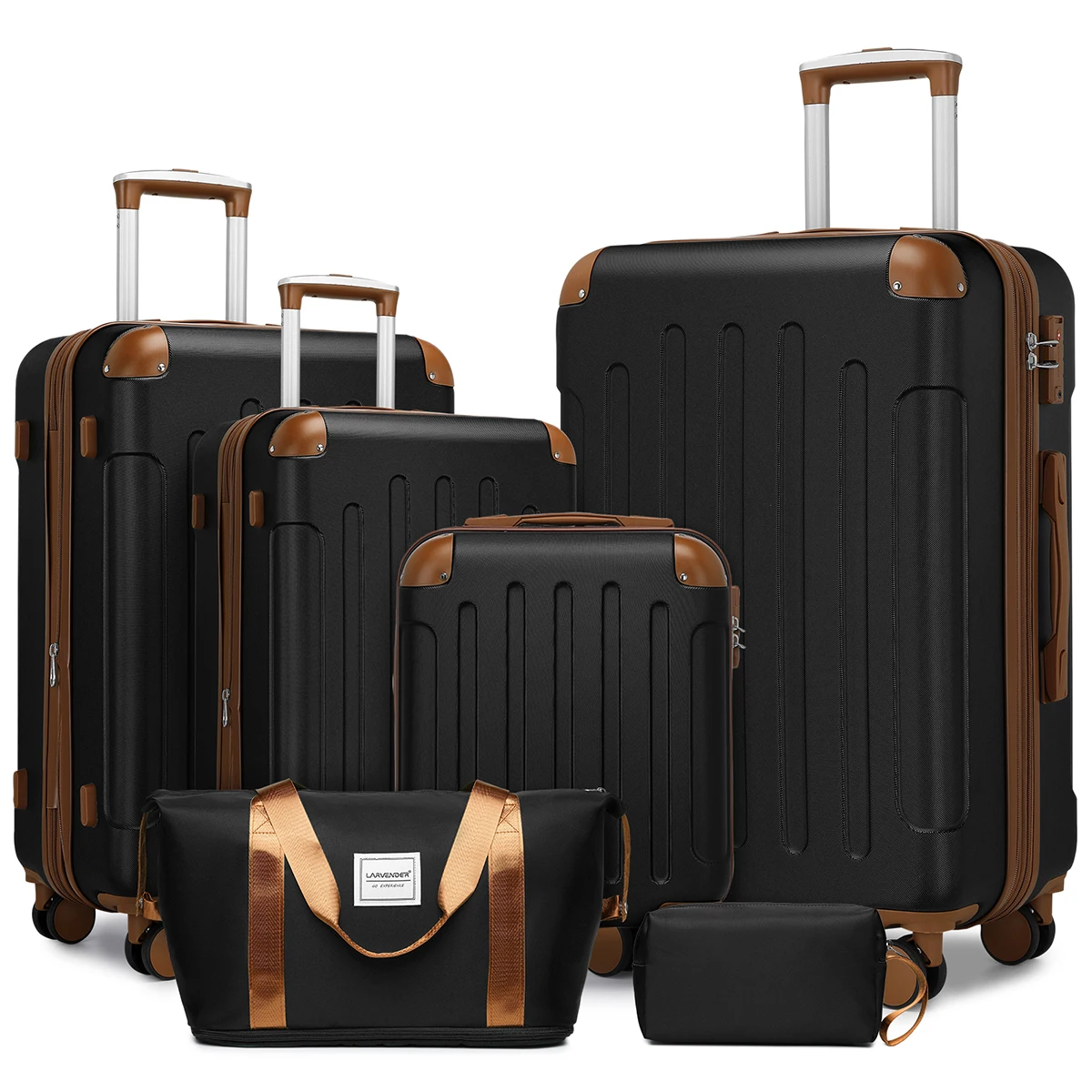 Black & Brown Luggage Set 6-Piece with Spinner Wheels - Lightweight ABS Hard Shell Suitcases for Travel & Business
