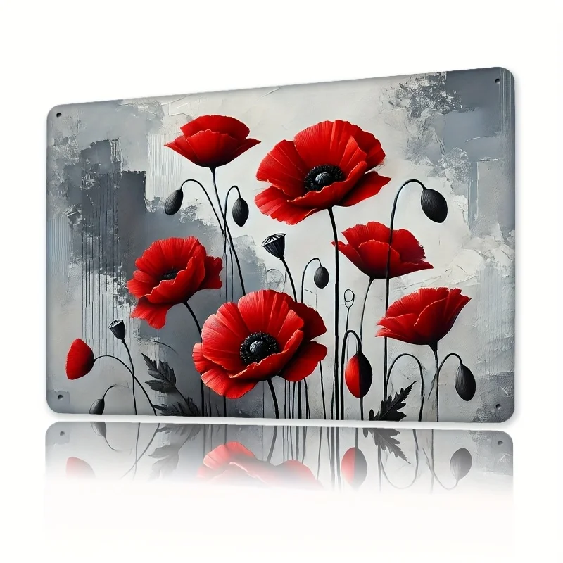 Classic Poppy Flower Painting Metal Sign, es, Waterproof Wrought Iron Wall Art, Oblong Horizontal Decor for Home, Cafe, Bedroom,