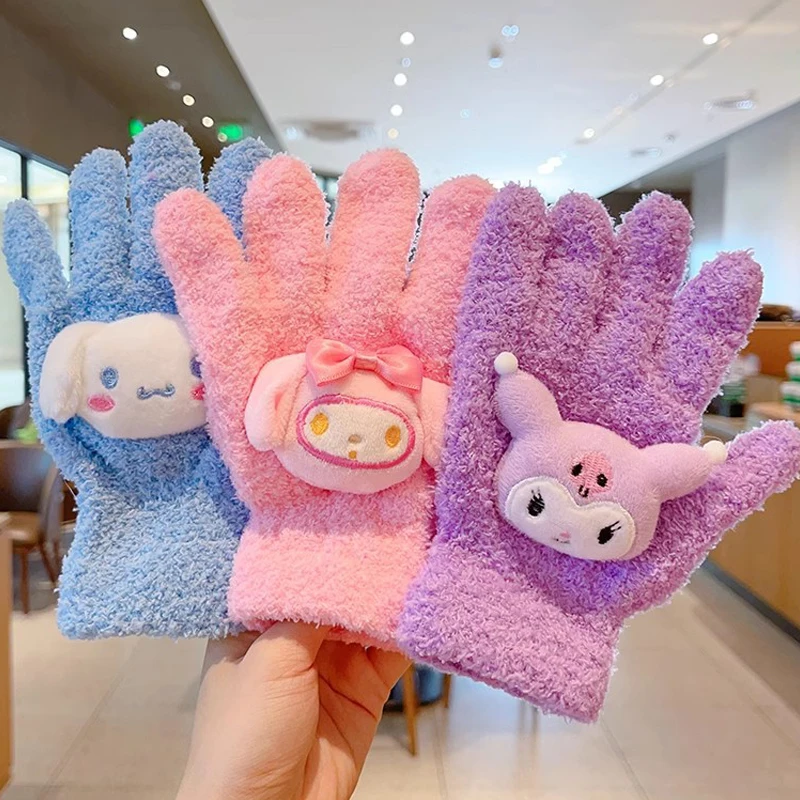 New Sanrio HelloKitty Plush Coral Fleece Winter Warm Gloves For Students Male Female Holiday Gifts Cute KT Cat Riding Gloves