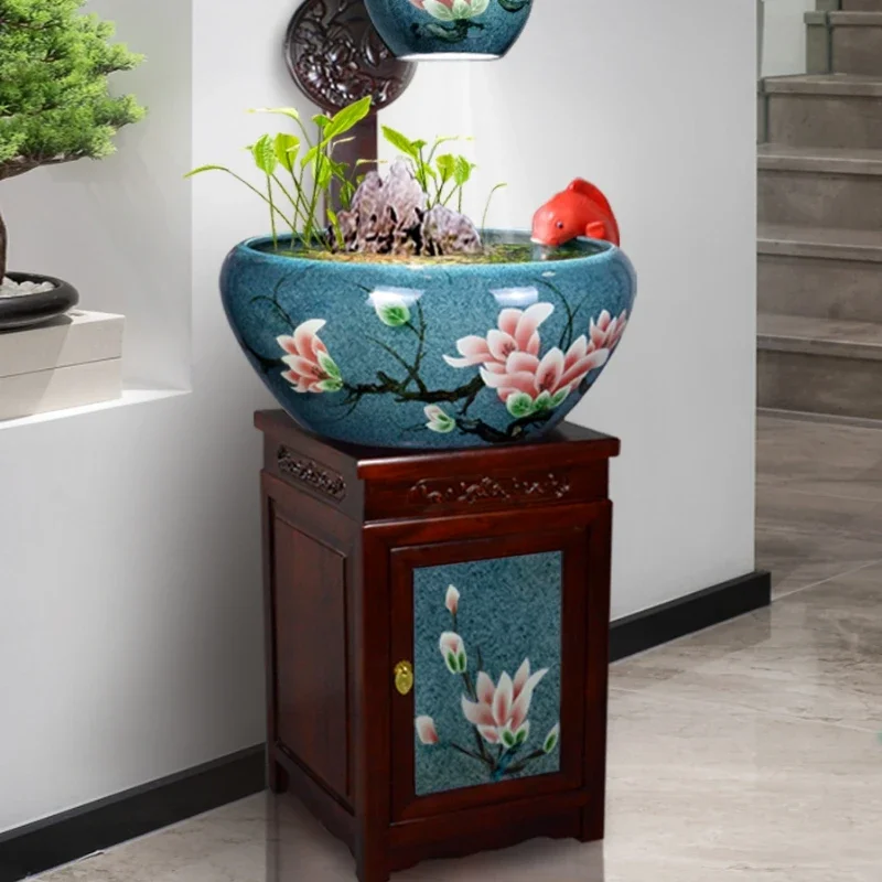 Ceramic Fish Globe Household Bottom Filter Circulating Water with Cabinet Living Room Decoration Fish Culturing Tub1