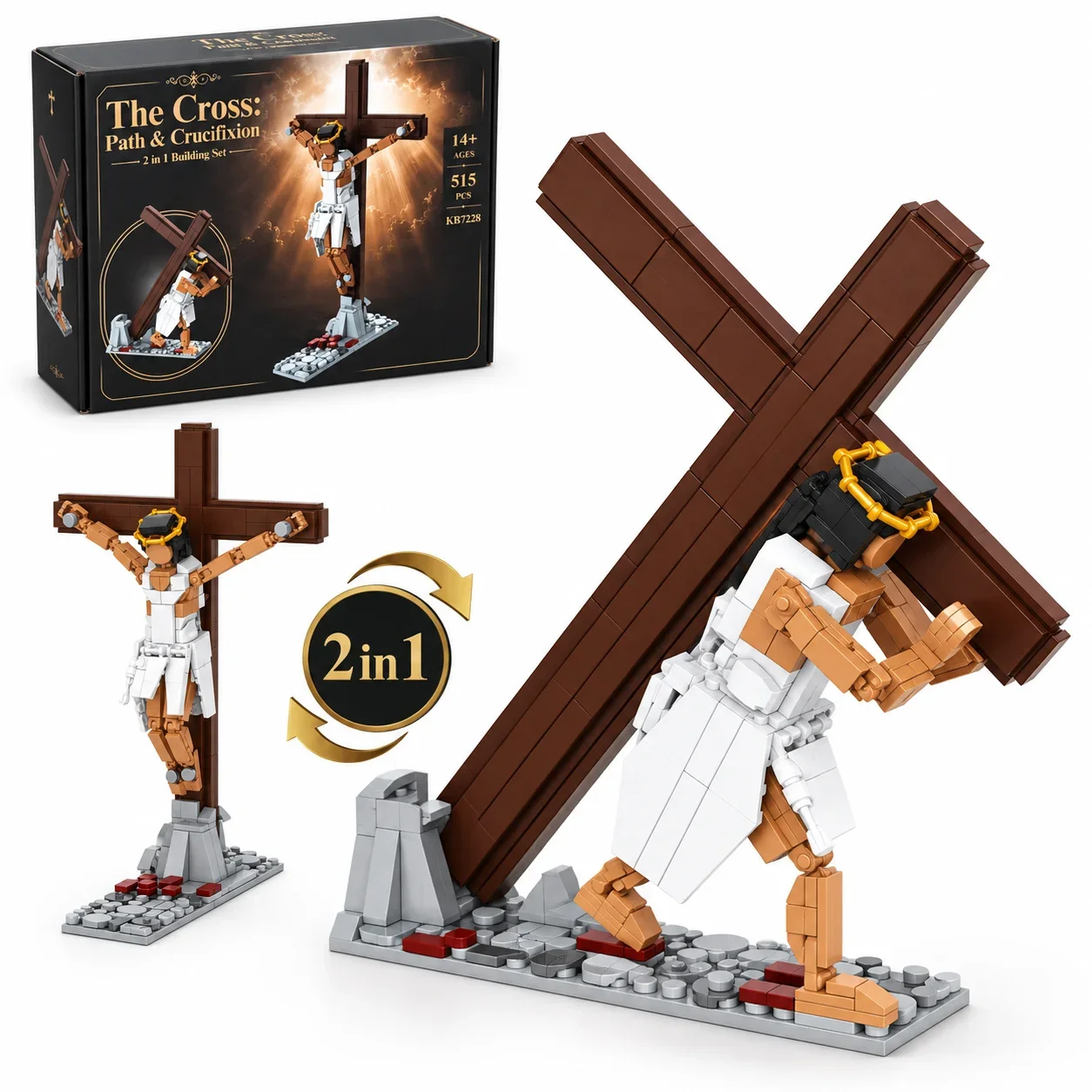 515PCS MOC Jesus Crucifixion Building Blocks 2 in 1 Cross Path Religious Model Bricks Christian Desktop Display Collectible Gift
