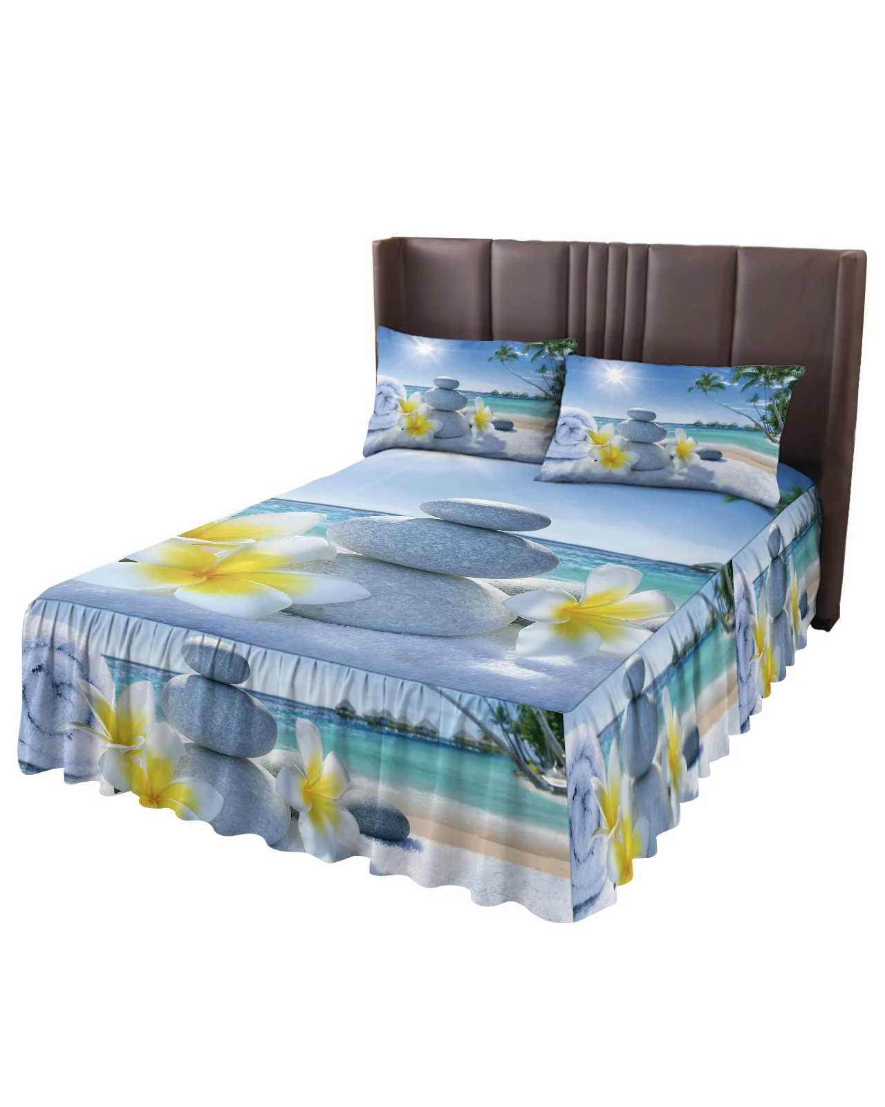 Zen Stones Flowers Tropical Ocean Bed Skirt Elastic Fitted Bedspread With Pillowcases Mattress Cover Bedding Set Bed Sheet