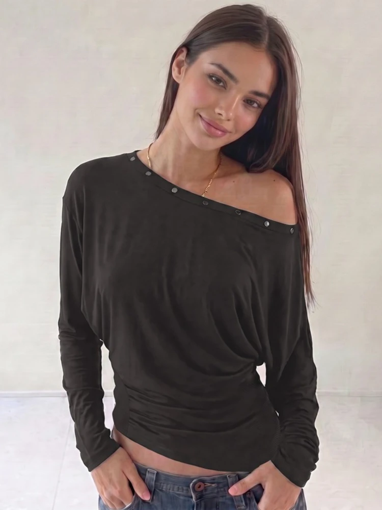 FDYOUI Woman Clothes Diagonal Collar Irregular T-shirt Ladies Chic Off Shoulder Long Sleeve Dark Gray Tee Tops Fashion T Shirts