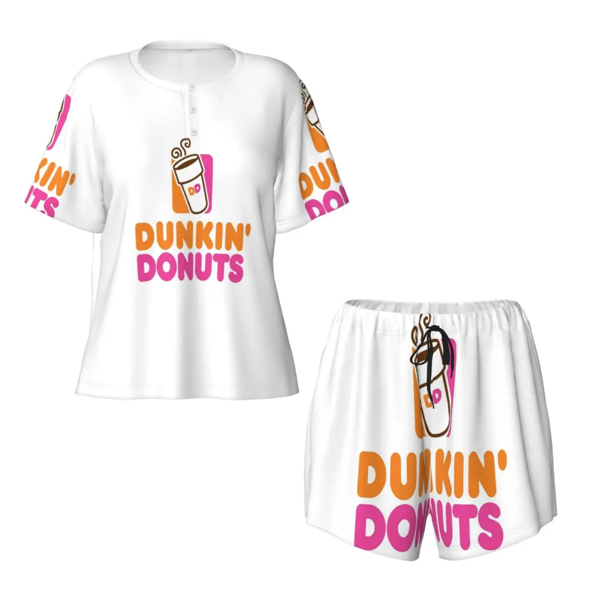Dunkin Donuts Round Neck Short Sleeves Nightdress for Sleeping Sleepshirts Women Loose Pajama Set Short Pants