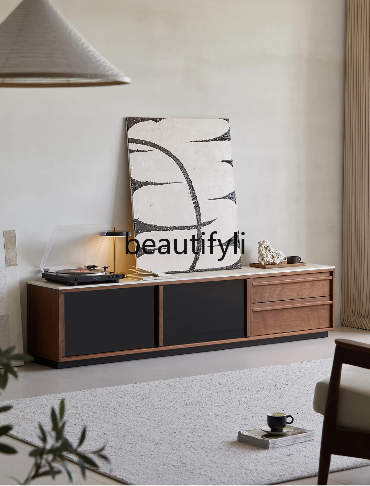 

Nordic solid wood TV cabinet living room North American black walnut small apartment floor rock slab locker