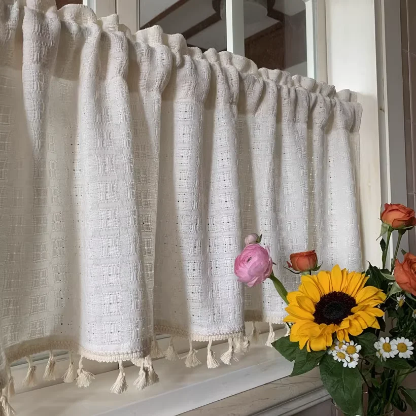 

American lattice cotton short curtain Bookcase cabinet curtains coffee door curtain Yoga Room cotton linen tassel curtain