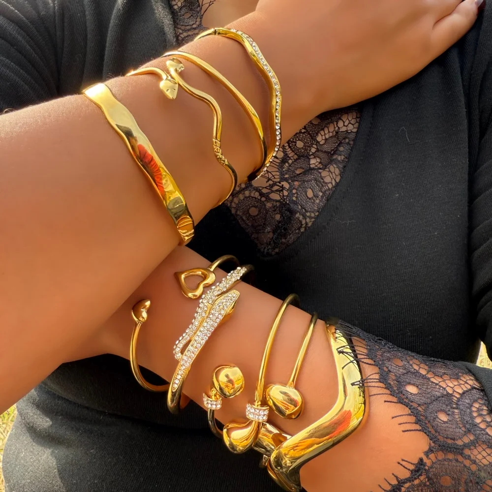 Zalman Stackable Bangle Bracelet Set for Women Gold Stainless Steel White Crystal Snake Love Heart Bracelets Party Wedding Gift
