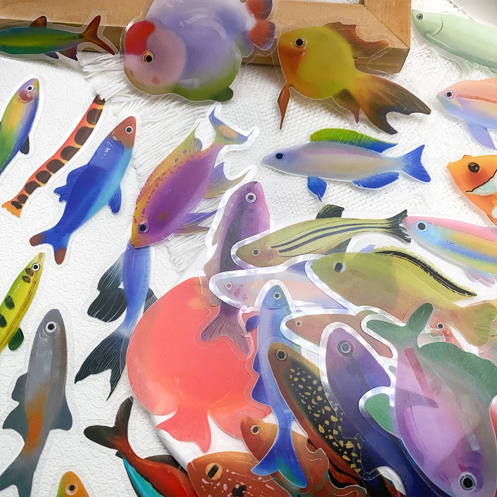 

50pcs Cartoon Fish Transparent PET Stickers Decals For Laptop Scrapbook Refrigerator Helmet DIY Aesthetic Stickers Kids Gifts
