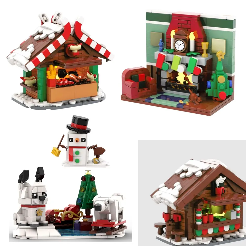 Gobricks MOC Christmas Sled Model Christmas Grilling Stand Building Blocks  Hot Drinks Stands Fire Place Bricks Santa Claus Toys