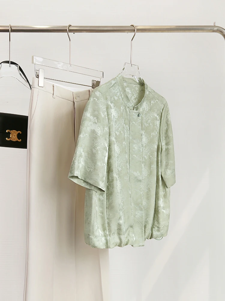 

Ele Stand Collar Silk Blouse Women's Faionable Subtle Pattern Embroidery Chinese Sle Summer New Arrival Breathable Sk...