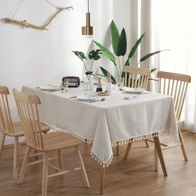 Simple Pure Color Cotton Linen Tablecloth Nordic Style Rectangular Dining Room Tablecloth Party Banquet Decor Tassels Tablecloth