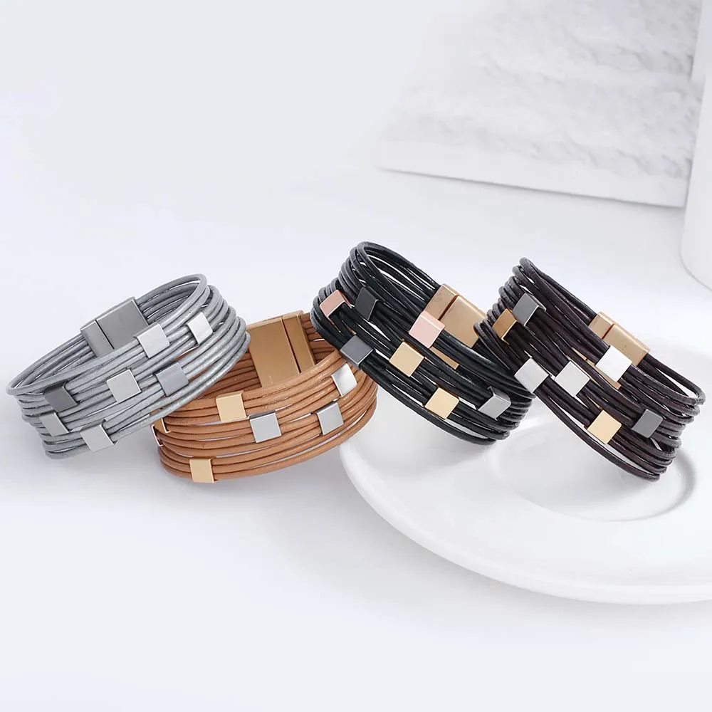 ALLYES Trendy Two Tone Square Cube Leather Bracelet for Women Bohemian Multilayer Slim Strips Wrap Bracelets Charm Jewelry