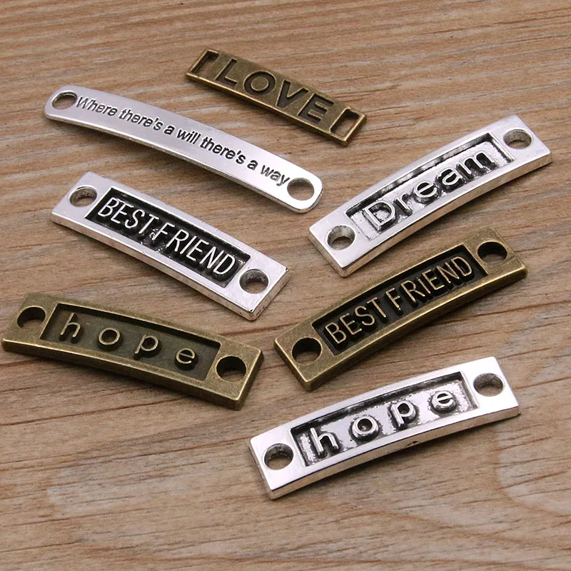 10pcs Mix 5 Styles Letter Love Dream Hope Charms Double Hole Connector Jewelry Making For DIY Handmade Craft Finding