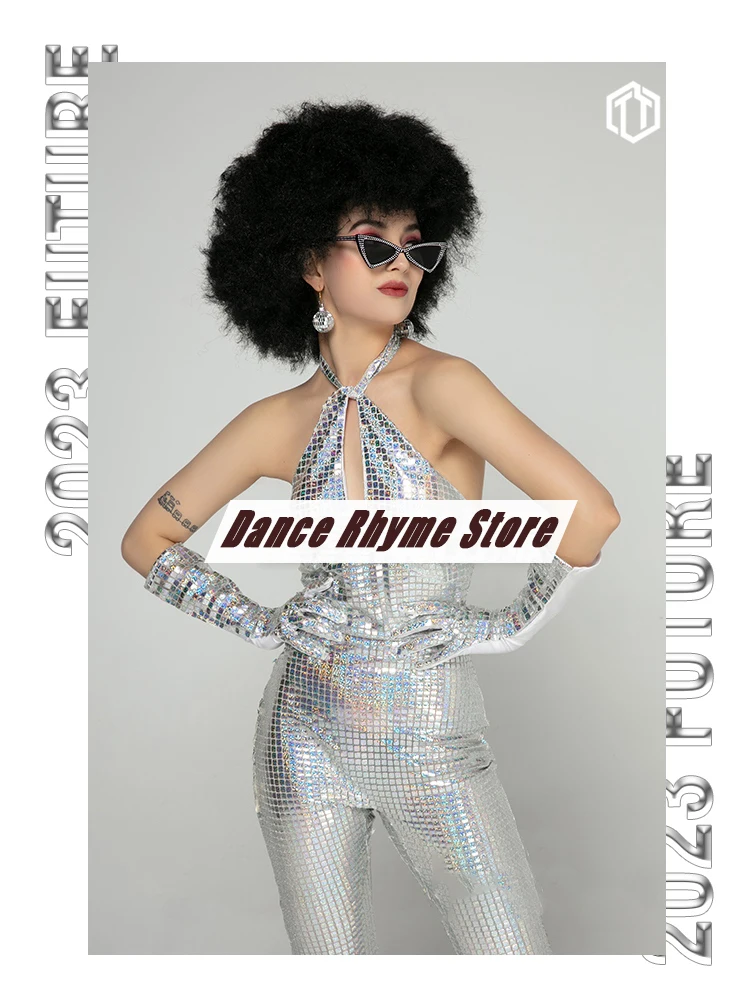 Gogo Performance Outfits Retro Disco Jazz Costume Silver Earth Cool Explosive Head Disco Bar Steel Pipe Dance Costume XH261