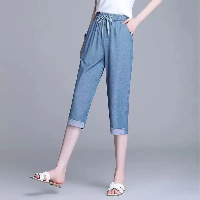 Women Cropped Capris Pants 2024 Spring Summer High Waist Thin Straight Jeans Casual Calf Length Denim Pants 3XL