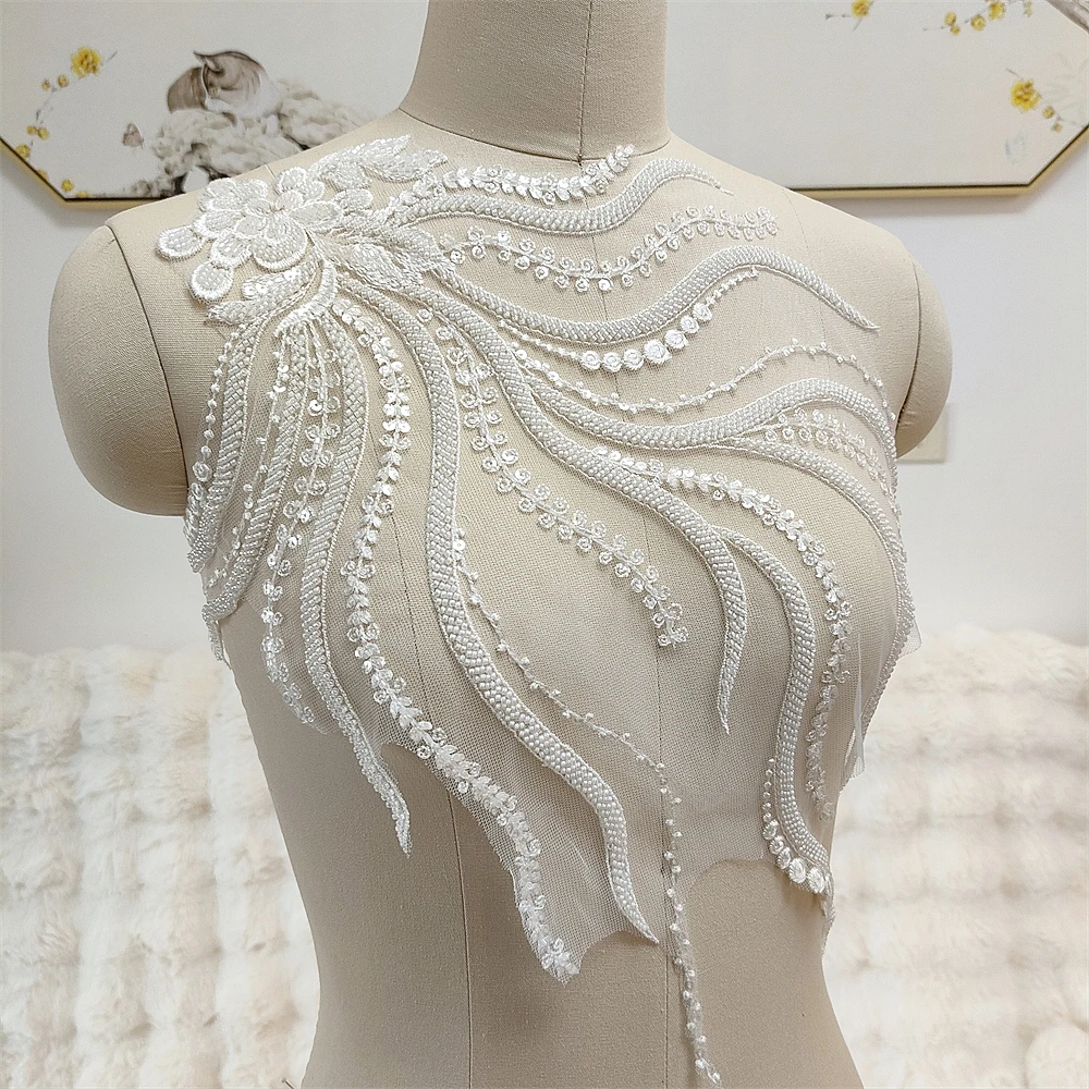 Ivory Beaded Crystal Accessories Profiling Appliqued Wedding Fabric Evening Dress Rhinestone Top Embellishment Material