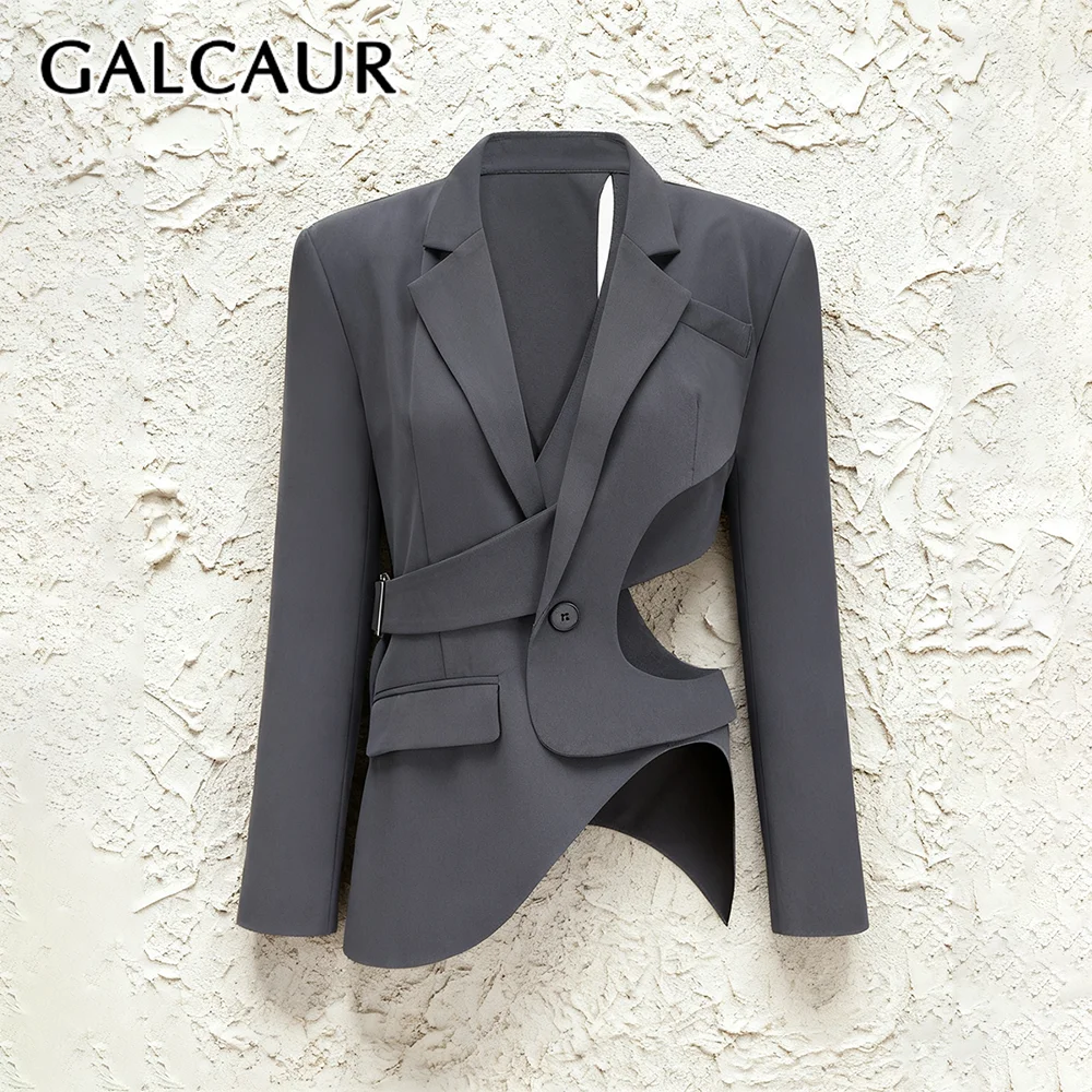 

GALCAUR Solid Spliced Hollow Out Irregular Blazer Female Lapel Long Sleeve Loose Light Luxury Women's Blazers Autumn Fashion New