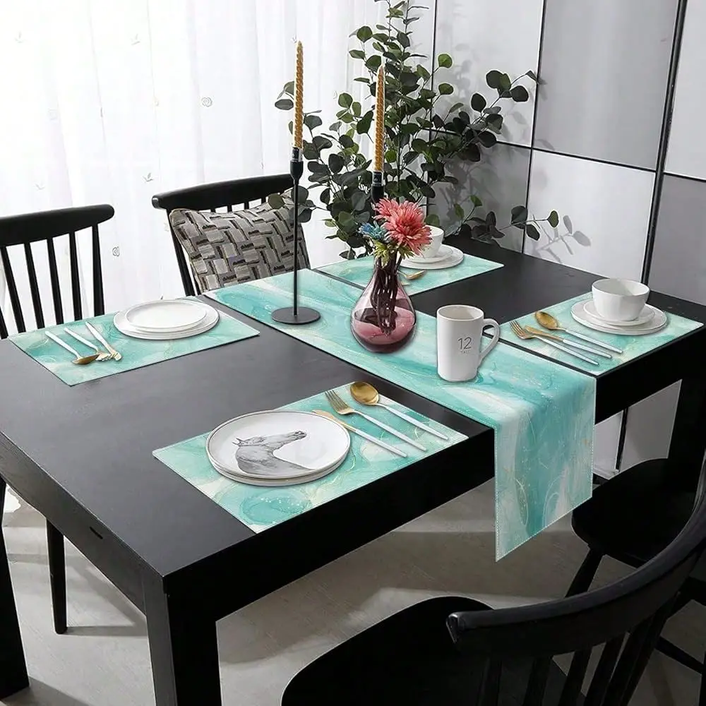 

Teal Mint GreenTable Runner And Placemats Set Of 6,Turquoise Gold Abstract Painting Art Dining Decor For Daily Use1 Table Runne